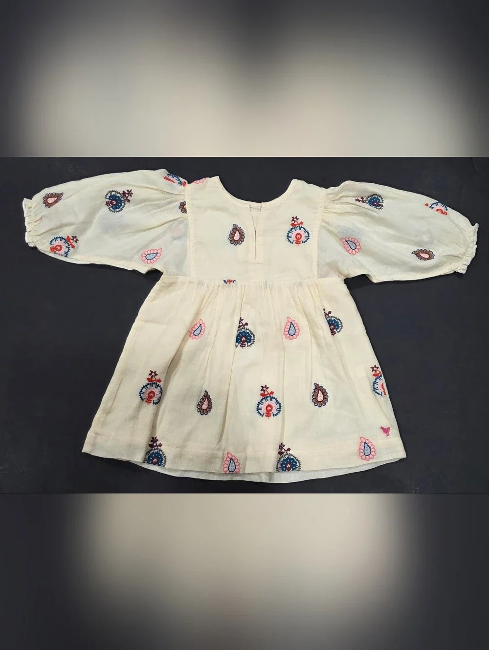 Pink Chicken Ava Bella Cream Embroidered Puff-Sleeve Dress w Multicolor Motifs